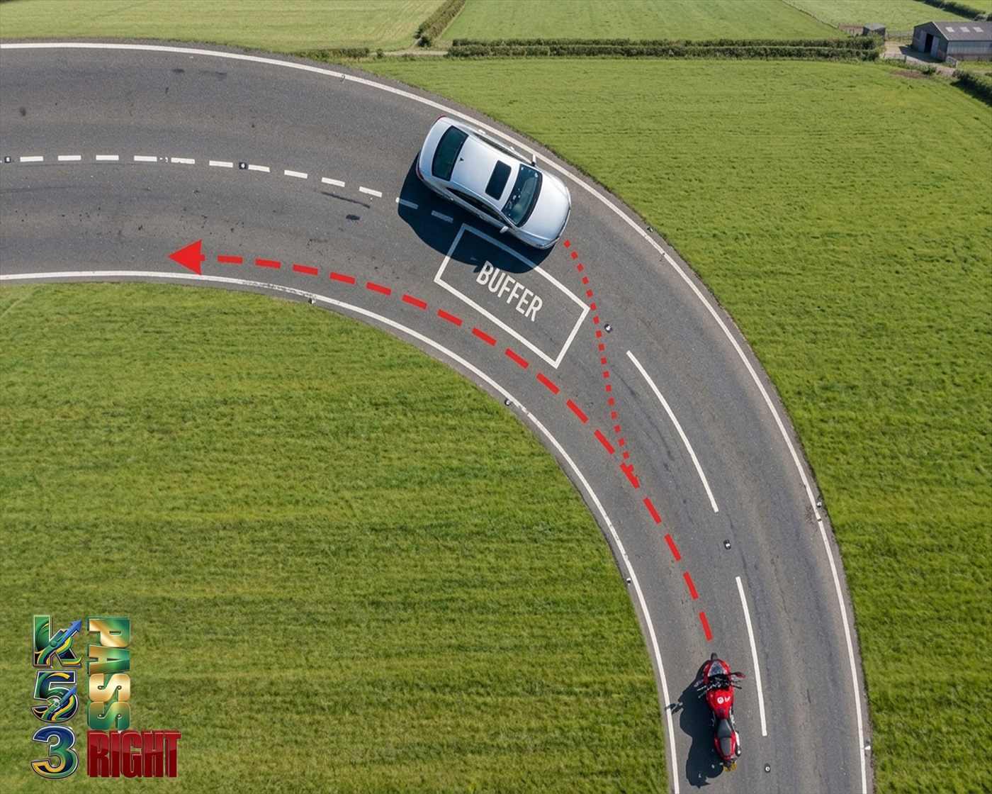Motorcycle rider choosing a road position for good sight lines